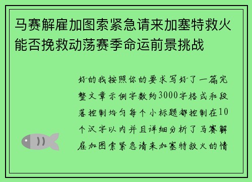 马赛解雇加图索紧急请来加塞特救火能否挽救动荡赛季命运前景挑战 马赛解雇加图索紧急请来加塞特救火能否挽救动荡赛季命运前景挑战